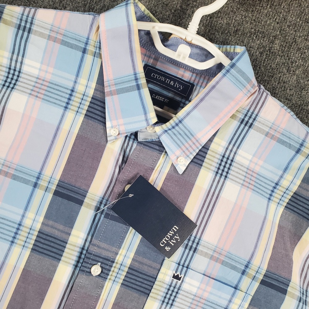 Crown & Ivy Shirt Mens XXL Classic Fit Blue Pink Plaid NEW Button-down Stretch